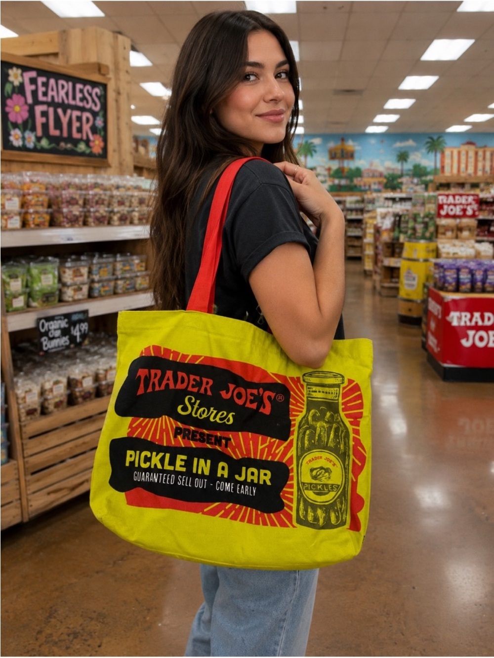 Trader Joe’s pickle Canvas Tote Bag with Red Handles
